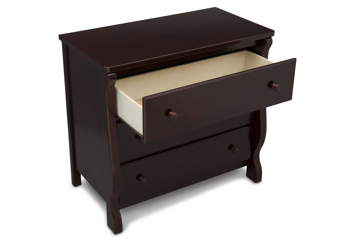 Delta Children Espresso Cherry (205) Universal 3 Drawer Dresser Open Drawer Silo View