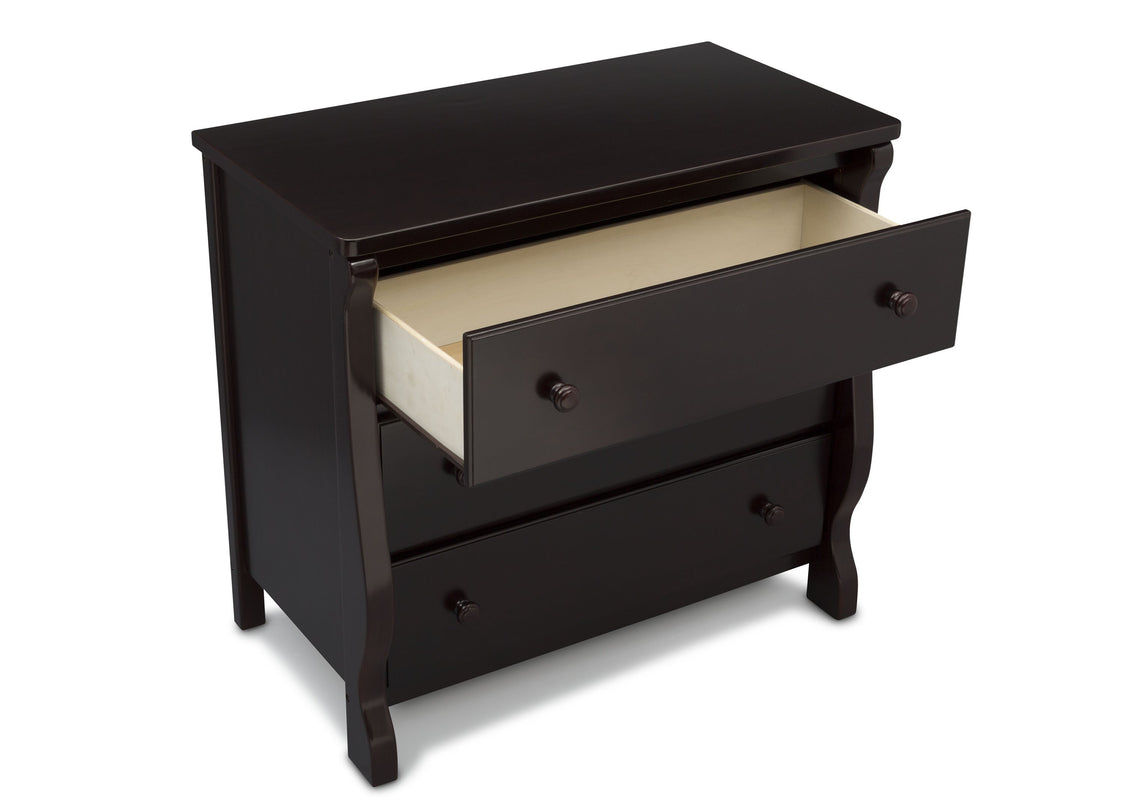 Delta Children Dark Chocolate (207) Universal 3 Drawer Dresser Open Drawer Silo View
