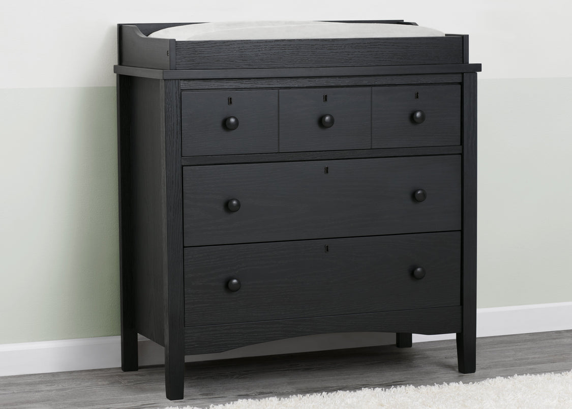 Delta Children Textured Midnight Grey (1347) Farmhouse 3 Drawer Dresser with Changing Top, Hangtag View