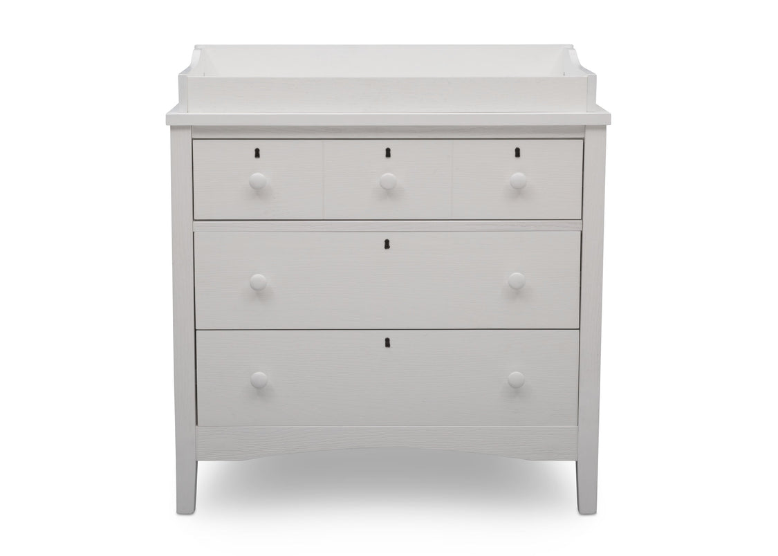 Delta Children Textured White (1349) Farmhouse 3 Drawer Dresser with Changing Top, Front Silo View