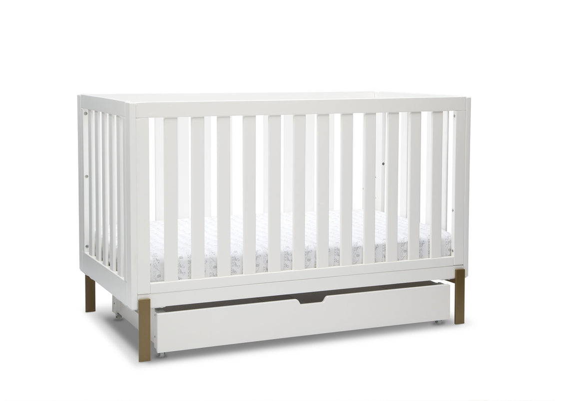 Hendrix 4-in-1 Convertible Crib + Under Crib Roll-Out Storage Bianca White with Metal Base (186)