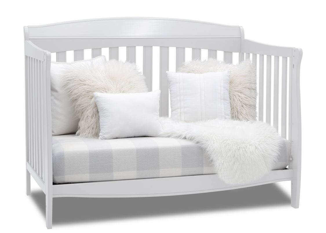 Delta Children Bianca White (130) Colton 6-in-1 Convertible Crib, Right Sofa Silo View