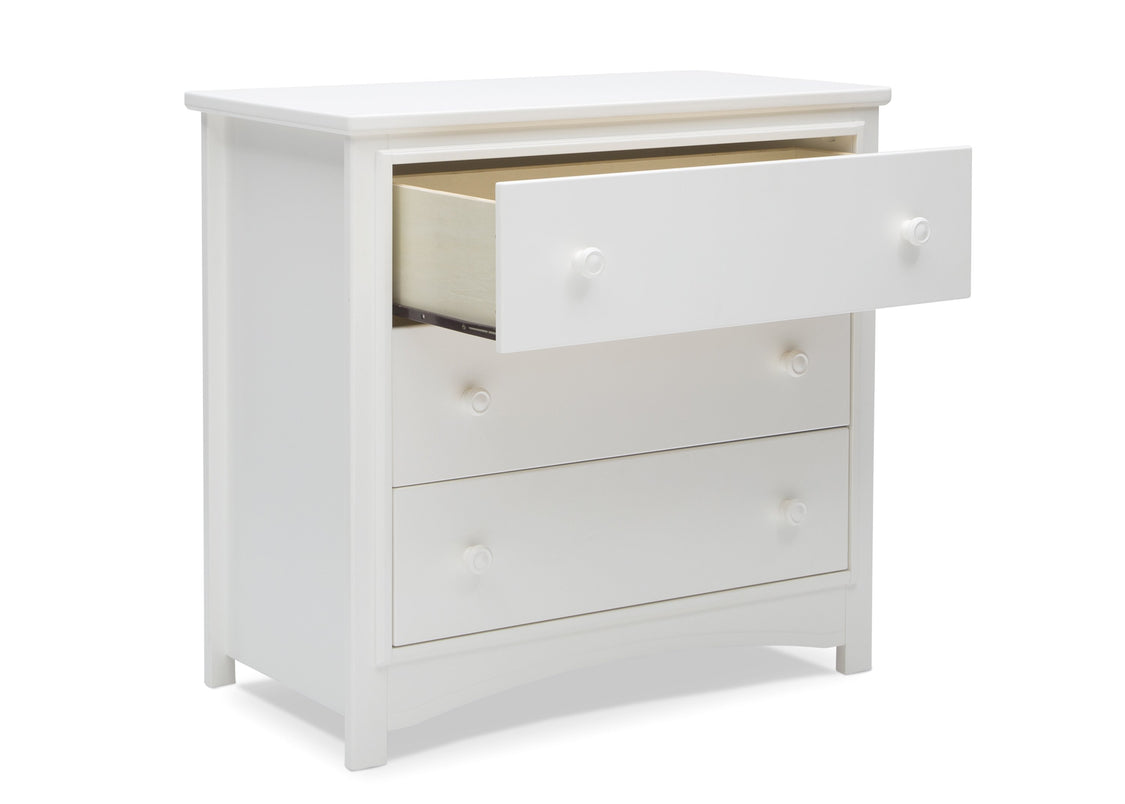 Delta Children Bianca White (130) Perry 3 Drawer Dresser with Changing Top, Open Drawer View