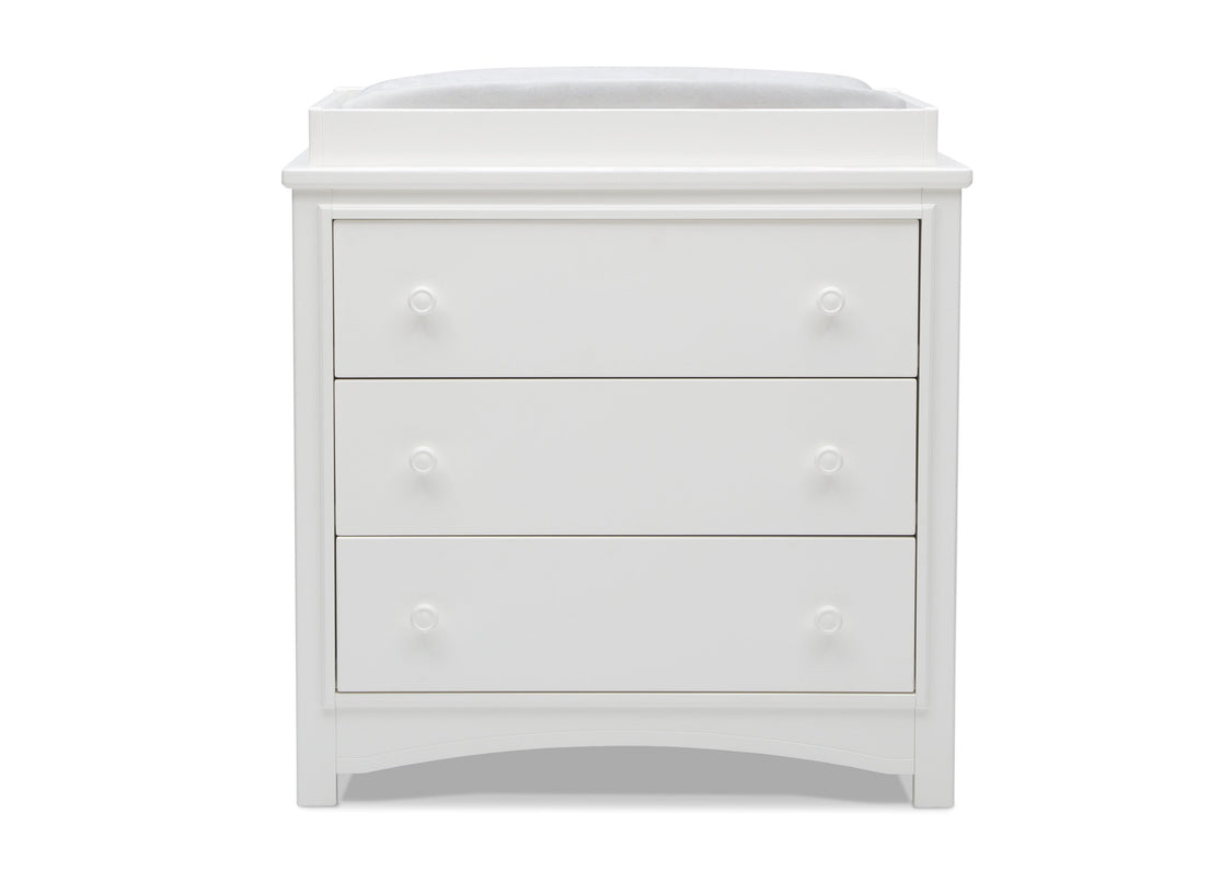 DCB: Delta Children Bianca White (130) Perry 3 Drawer Dresser with Changing Top, Front Silo View