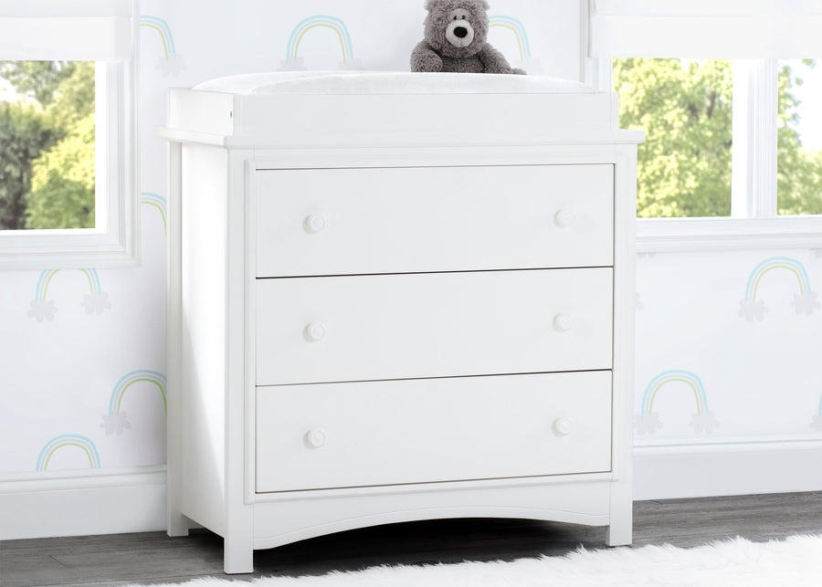 Delta Children Bianca White (130) Perry 3 Drawer Dresser with Changing Top, Hangtag View 1-Perry 3 Drawer Dresser with Changing Top