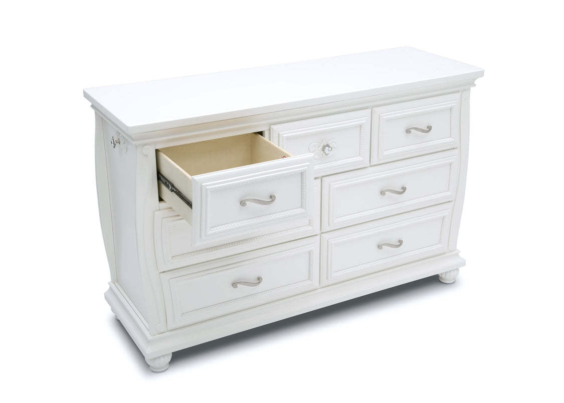 Simmons Kids Bianca White (130) Fairytale 7 Drawer Dresser with Changing Top, Right Silo View with Open Drawer