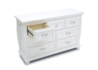 Simmons Kids Bianca White (130) Fairytale 7 Drawer Dresser with Changing Top, Right Silo View with Open Drawer 5-Fairytale 7 Drawer Dresser with Changing Top