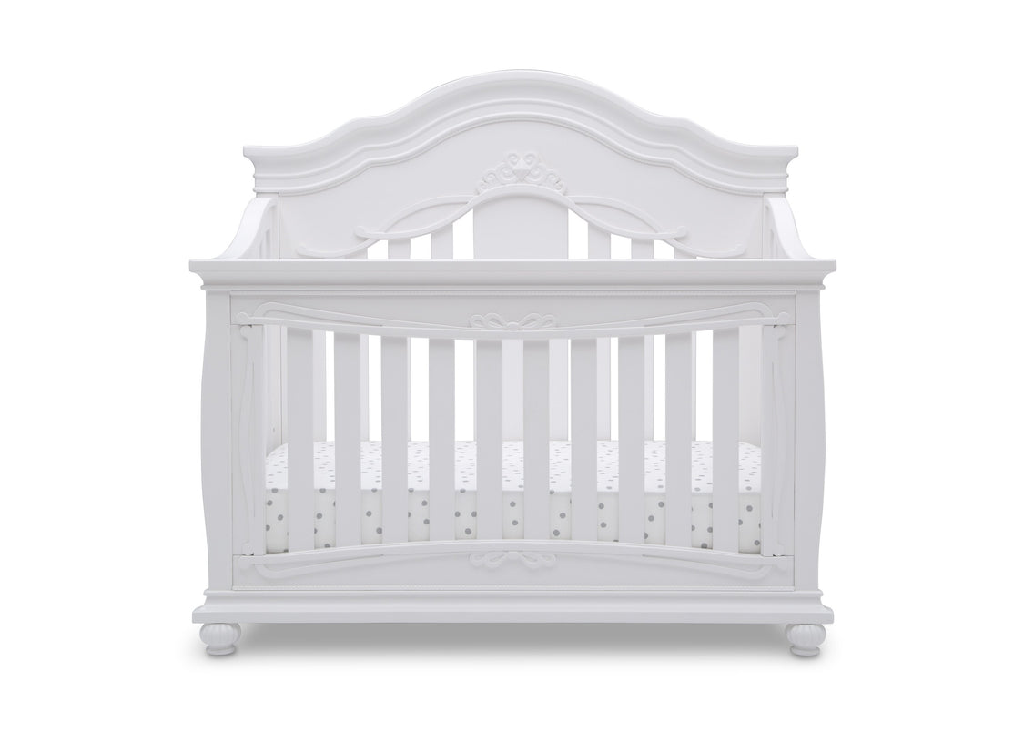 Simmons Kids Bianca White (130) Fairytale 5-in-1 Convertible Crib with Conversion Rails, Front Crib Silo View