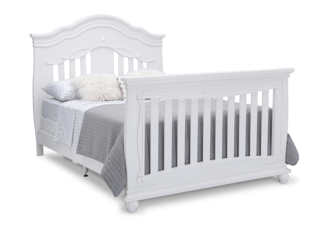 Simmons Kids Bianca White (130) Fairytale 5-in-1 Convertible Crib with Conversion Rails, Right Full Bed with Headboard and Footboard Silo View