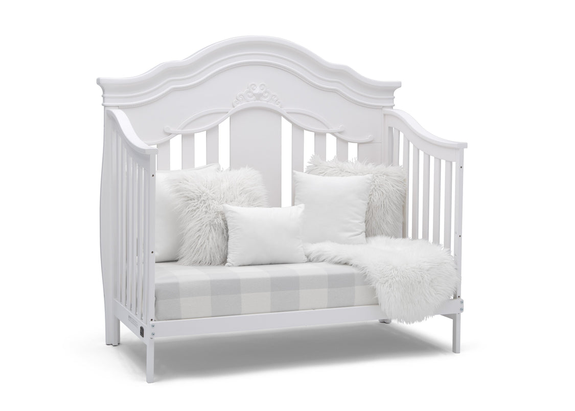 Simmons Kids Bianca White (130) Fairytale 5-in-1 Convertible Crib with Conversion Rails, Right Sofa Silo View