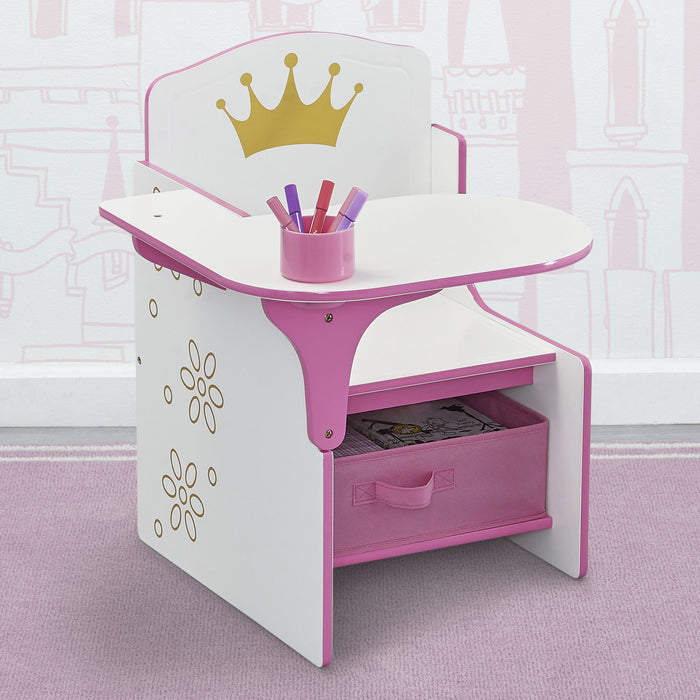 Pink and White (1187) 3-Princess Crown Chair Desk with Storage Bin