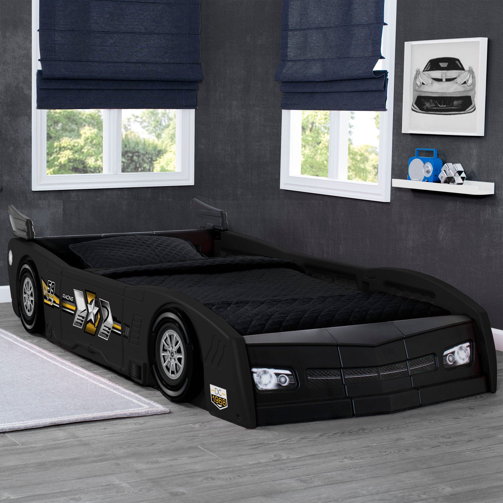Delta Children Black (001) Grand Prix Race Car Toddler-to-Twin Bed, Hangtag View