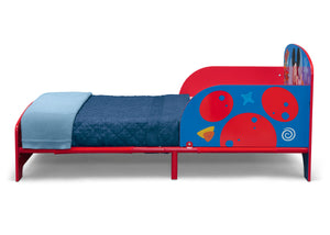 A red and blue toddler bed with Disney characters