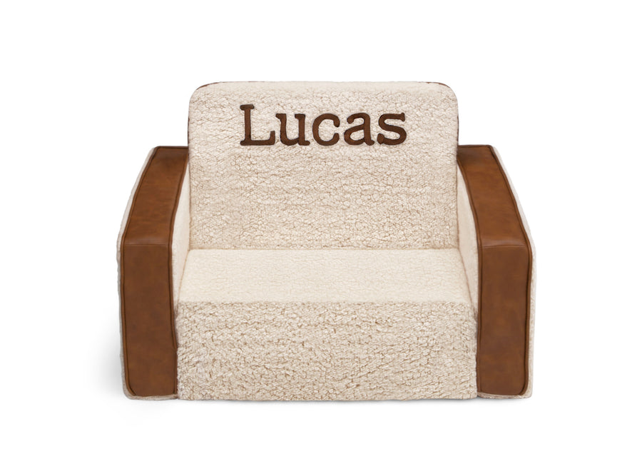Cream Sherpa with Brown Leather (5047) 2-Personalized Cozee Flip-Out Sherpa and Faux Leather 2-in-1 Convertible Chair to Lounger for Kids