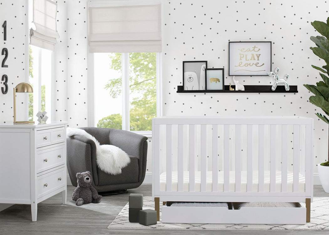 Hendrix 4-in-1 Convertible Crib + Under Crib Roll-Out Storage Bianca White with Metal Base (186)