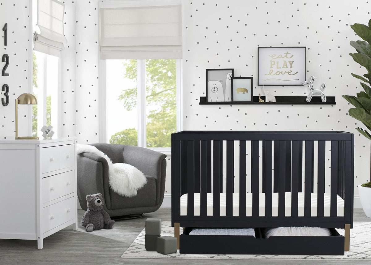 Hendrix 4-in-1 Convertible Crib + Under Crib Roll-Out Storage Midnight Grey with Metal (1361)