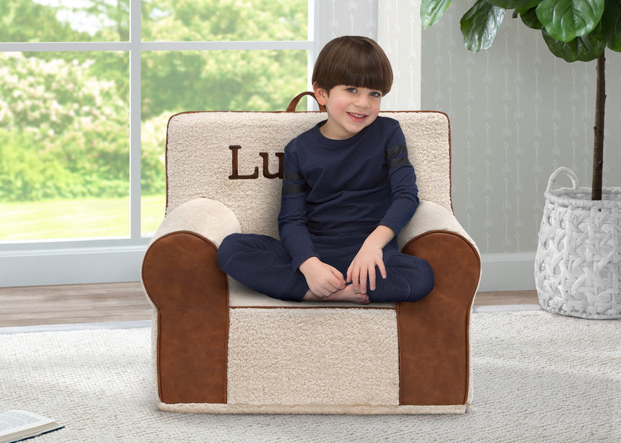 Cream Sherpa with Brown Leather (5047) 1-Personalized Deluxe Cozee Sherpa and Faux Leather Chair for Kids