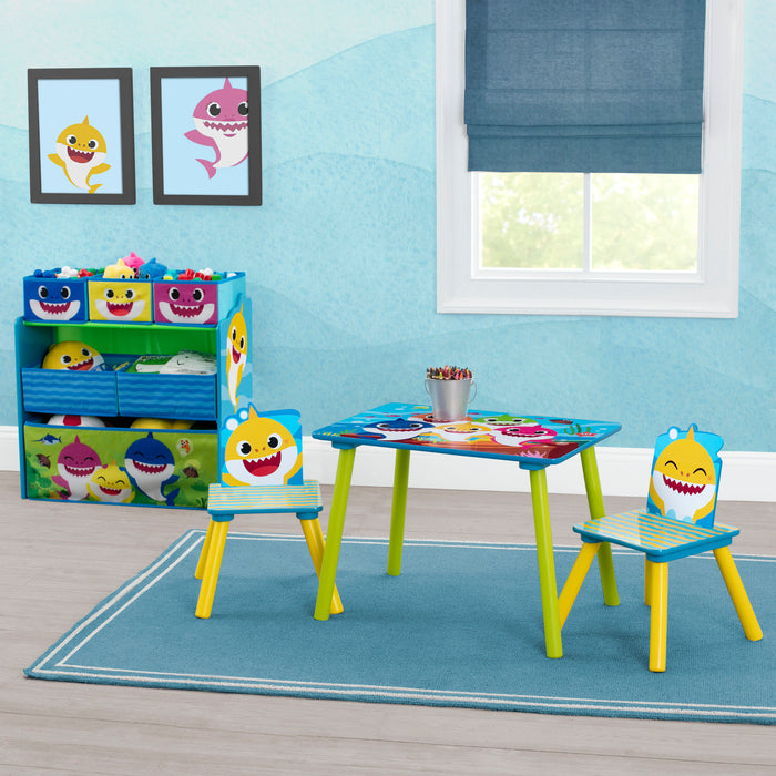 Baby Shark (1127) 2-Baby Shark 4-Piece Playroom Solution  – Set Includes Table and 2 Chairs and 6-Bin Toy Organizer