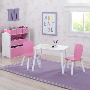 White and Light Pink (194) 13-4-Piece Toddler Playroom Set – Includes Play Table and 6 Bin Toy Organizer with Reusable Vinyl Cling Stickers