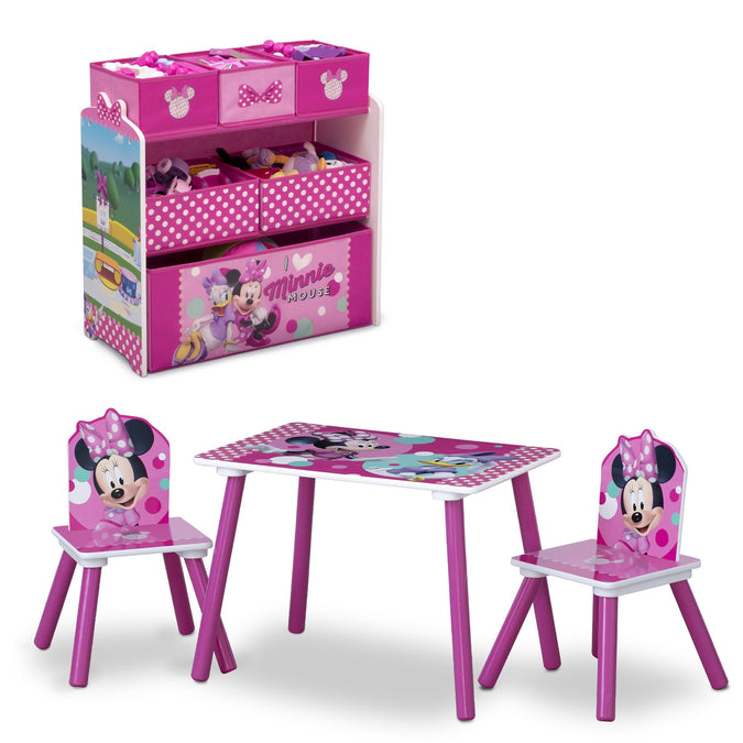 Minnie Mouse (1063) 2-Minnie Mouse 4-Piece Playroom Solution – Set Includes Table and 2 Chairs and 6-Bin Toy Organizer