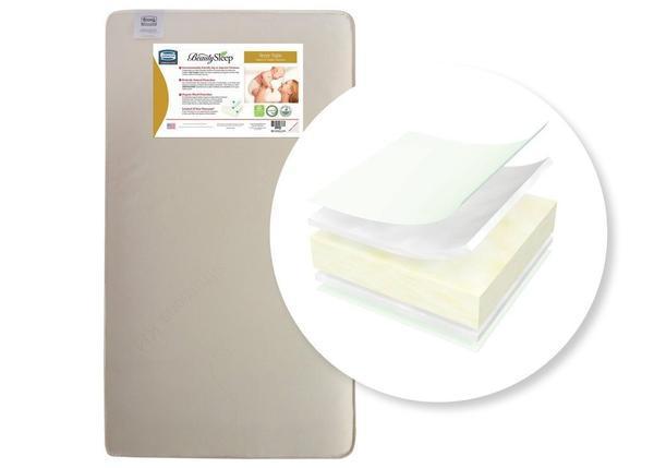 Simmons Kids Naturally Sleepy Nights infant and toddler mattress in a beige color, featuring a label and a fabric sample. 1-xSimmons Kids® Naturally Sleepy Nights Infant & Toddler Mattress