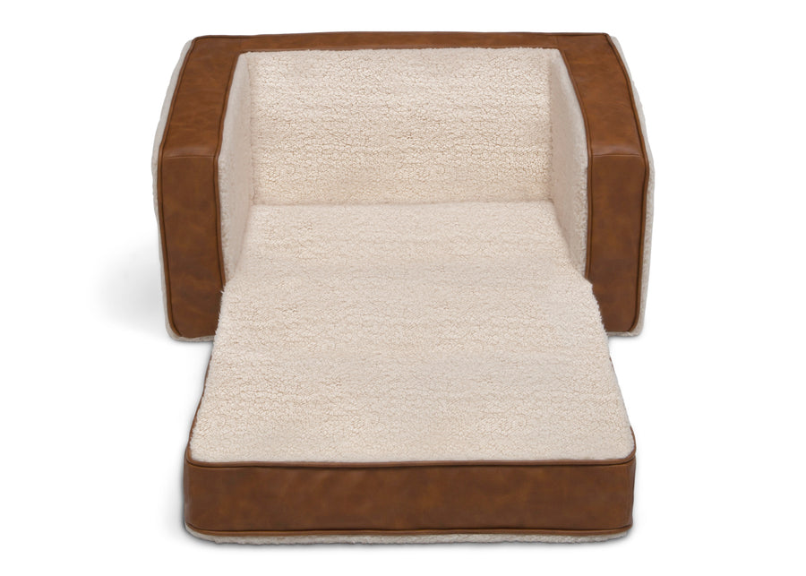 Cream Sherpa with Brown Leather (5047) 5-Personalized Cozee Flip-Out Sherpa and Faux Leather 2-in-1 Convertible Chair to Lounger for Kids