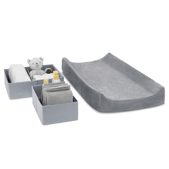 Grey Suede (5000) 2-7-Piece Essential Changing Table Set - Newborn Baby Gift Set for Boys and Girls – Set Includes Changing Pad, Plush Changing Pad Cover, 3 Changing Pad Liners and 2 Storage Bins
