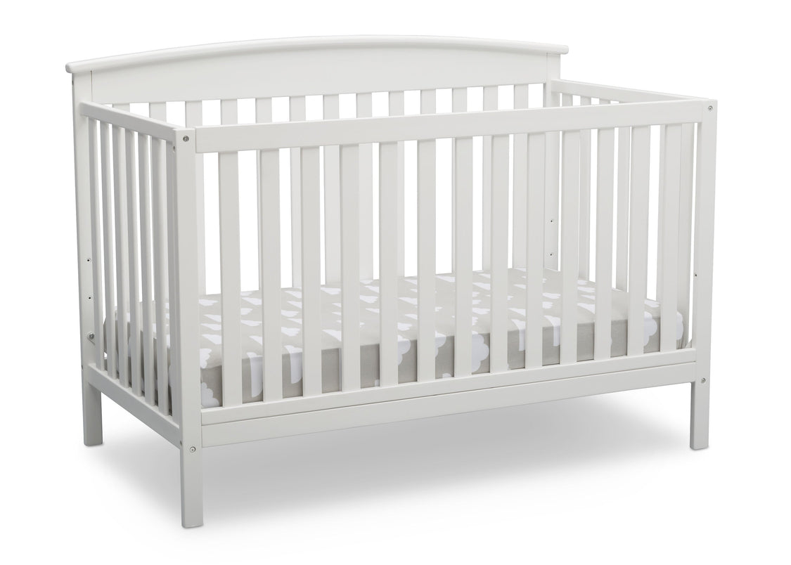 Delta Children Bianca White (130) Finley 4-in-1 Convertible Baby Crib Angled View a4a