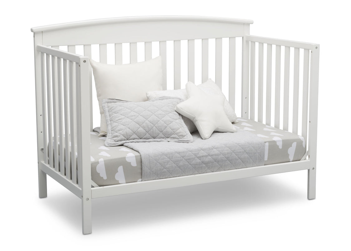 Delta Children Bianca White (130) Finley 4-in-1 Convertible Baby Crib Day Bed Angled View a6a