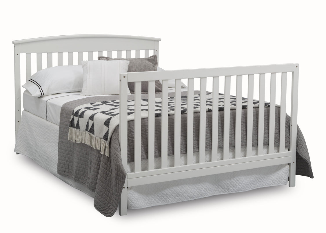 Delta Children Bianca White (130) Finley 4-in-1 Convertible Baby Crib Full Bed Angled View a7a