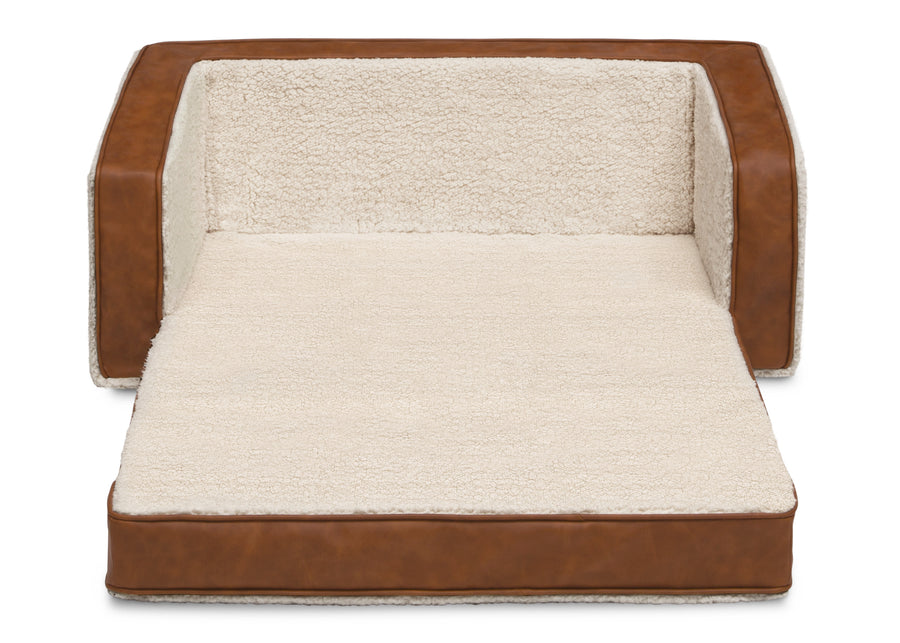 Cream Sherpa with Brown Leather (5047) 5-Cozee Flip-Out Sherpa and Leather 2-in-1 Convertible Sofa to Lounger for Kids